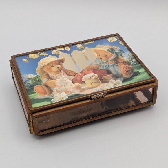 Cherished Teddies Trinket Box Glass Mirror Brass 4" x 3" x 1" - Picture 1 of 13